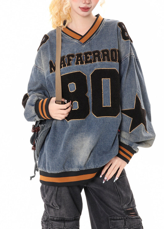 Stylish Blue Oversized Letter Applique Denim Sweatshirts Top Spring