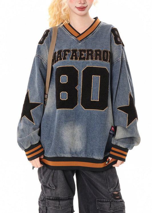 Stylish Blue Oversized Letter Applique Denim Sweatshirts Top Spring