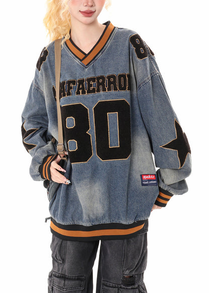 Stilvolles blaues Oversize-Denim-Sweatshirt mit Buchstabenapplikation – Frühlings-Top