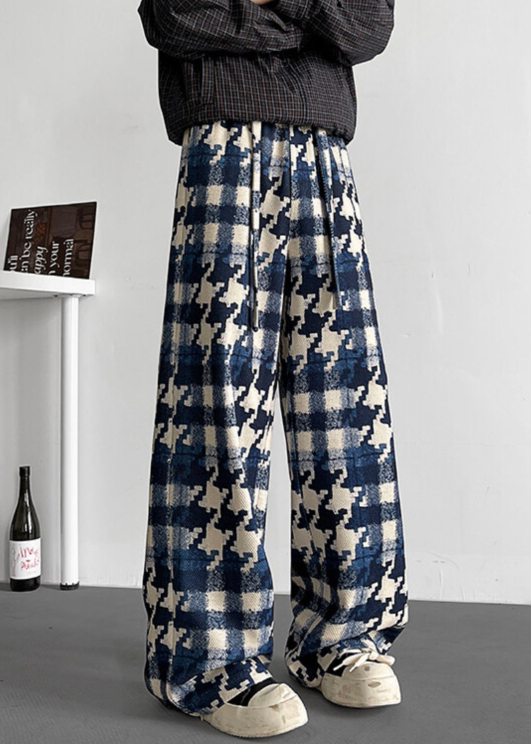 Stylish Blue Plaid Elastic Waist Cotton Mens Pants Fall