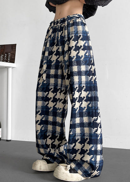 Stylish Blue Plaid Elastic Waist Cotton Mens Pants Fall
