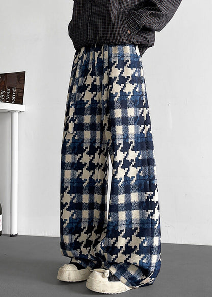 Stylish Blue Plaid Elastic Waist Cotton Mens Pants Fall