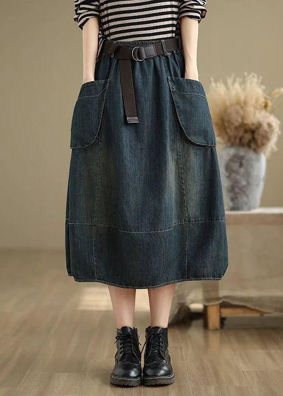 Stylish Blue Pockets Patchwork Elastic Waist Denim Maxi Skirts Summer