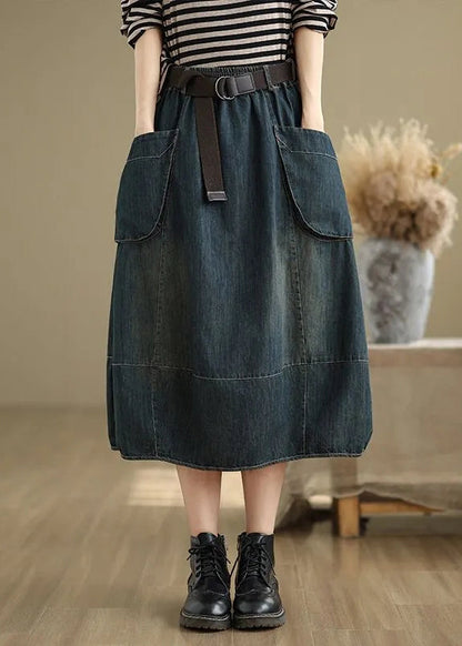 Stylish Blue Pockets Patchwork Elastic Waist Denim Maxi Skirts Summer