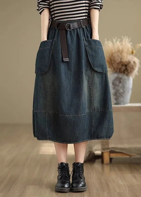 Stylish Blue Pockets Patchwork Elastic Waist Denim Maxi Skirts Summer