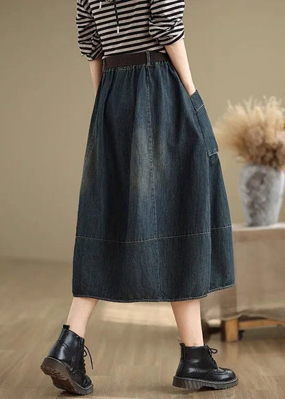 Stylish Blue Pockets Patchwork Elastic Waist Denim Maxi Skirts Summer