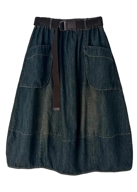 Stylish Blue Pockets Patchwork Elastic Waist Denim Maxi Skirts Summer