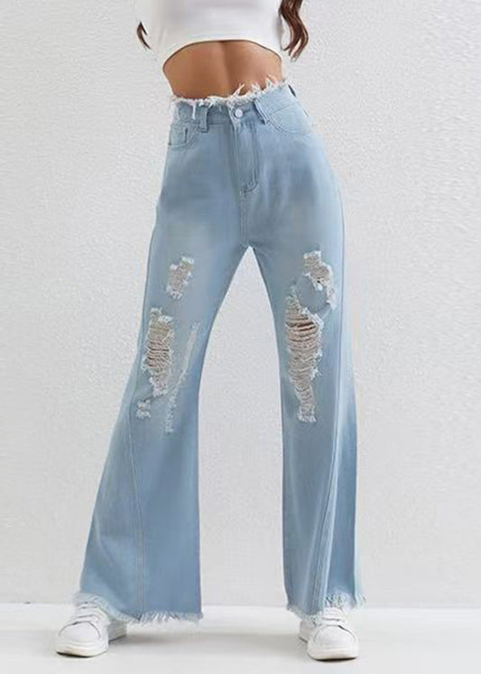 Stylish Blue Pockets Patchwork Flared Ripped Jeans Fall