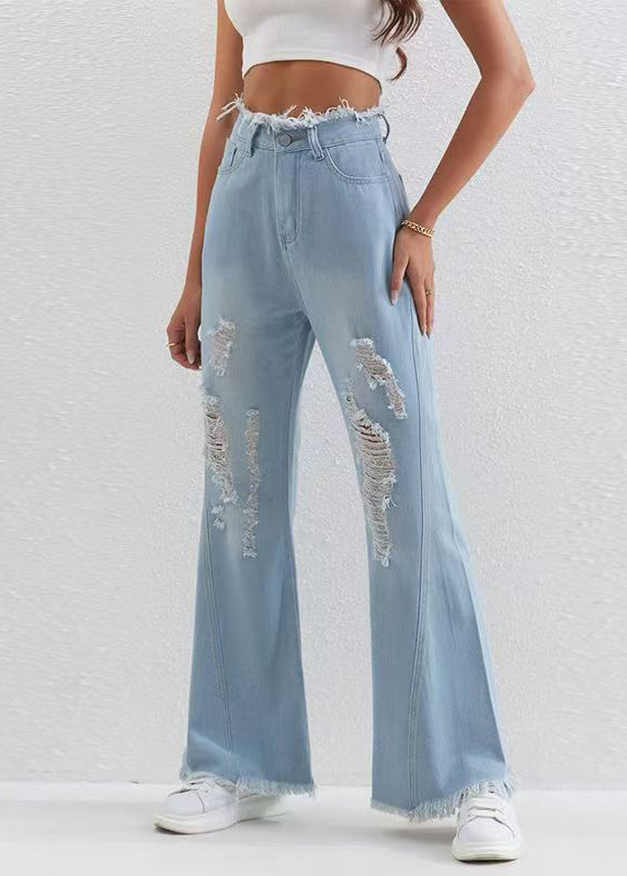 Stylish Blue Pockets Patchwork Flared Ripped Jeans Fall