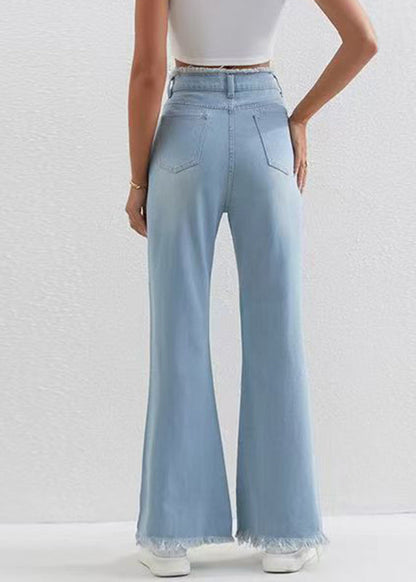 Stylish Blue Pockets Patchwork Flared Ripped Jeans Fall