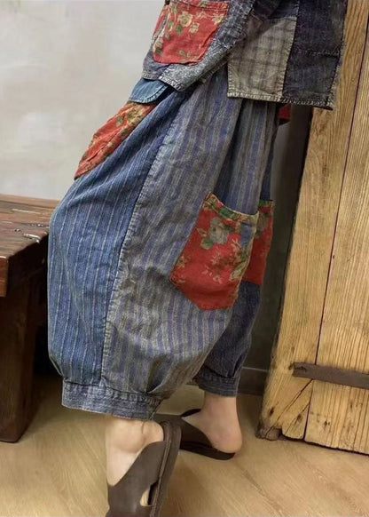 Stilvolle Blaue Taschen Drucken Elastische Taille Patchwork Leinen Haremshose Sommer