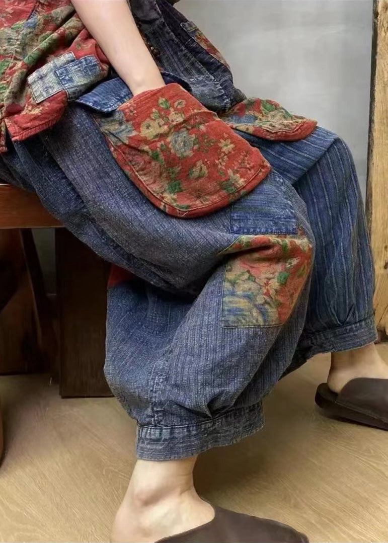 Stilvolle Blaue Taschen Drucken Elastische Taille Patchwork Leinen Haremshose Sommer