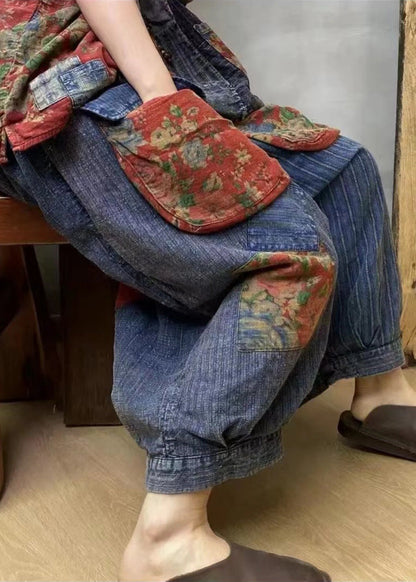 Stilvolle Blaue Taschen Drucken Elastische Taille Patchwork Leinen Haremshose Sommer