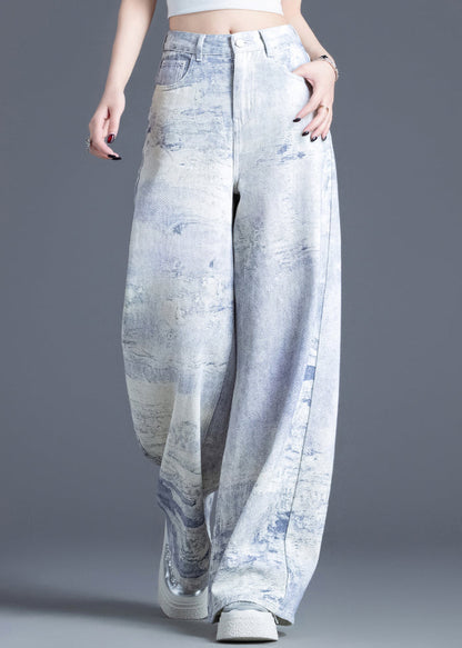 Stylish Blue Pockets Tie Dye Cotton Straight Pants Spring