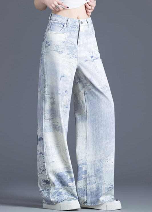 Stylish Blue Pockets Tie Dye Cotton Straight Pants Spring