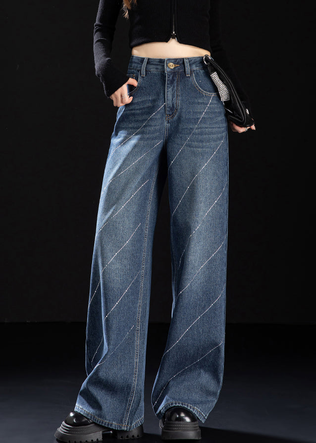 Stylish Blue Pockets Zircon Warm Fleece Denim Pants Winter