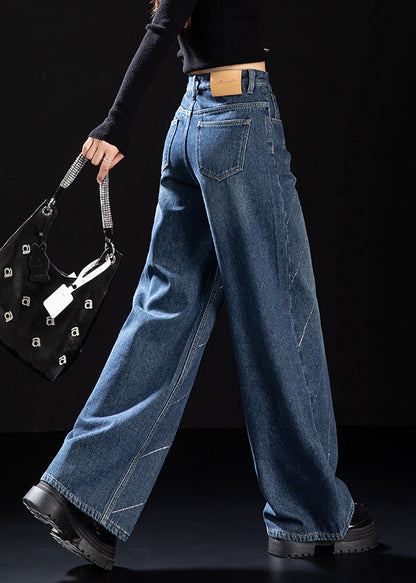 Stylish Blue Pockets Zircon Warm Fleece Denim Pants Winter