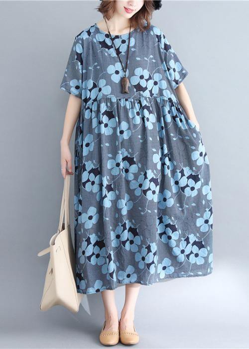 Stylish Blue Print Short Sleeve Summer Cotton Dress - SooLinen