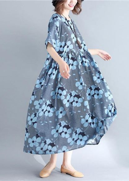 Stylish Blue Print Short Sleeve Summer Cotton Dress - SooLinen