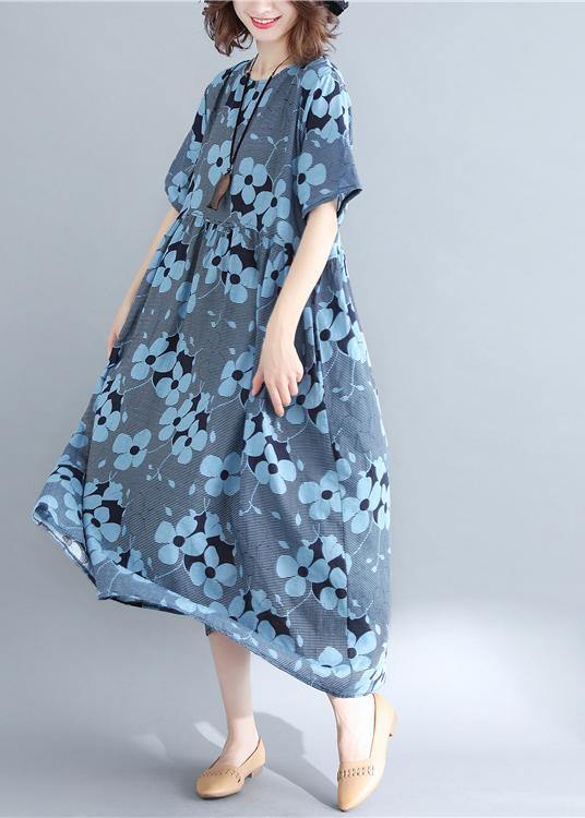 Stylish Blue Print Short Sleeve Summer Cotton Dress - SooLinen