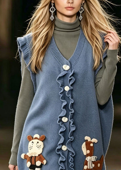 Stylish Blue Ruffled Button Patchwork Knit Vest Sleeveless