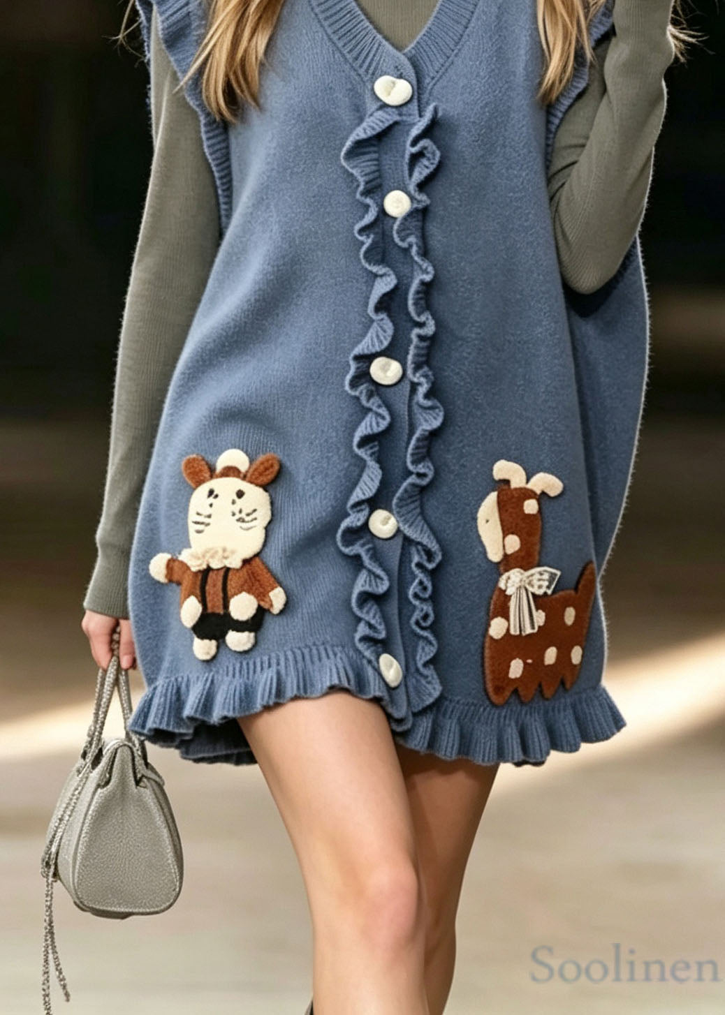 Stylish Blue Ruffled Button Patchwork Knit Vest Sleeveless