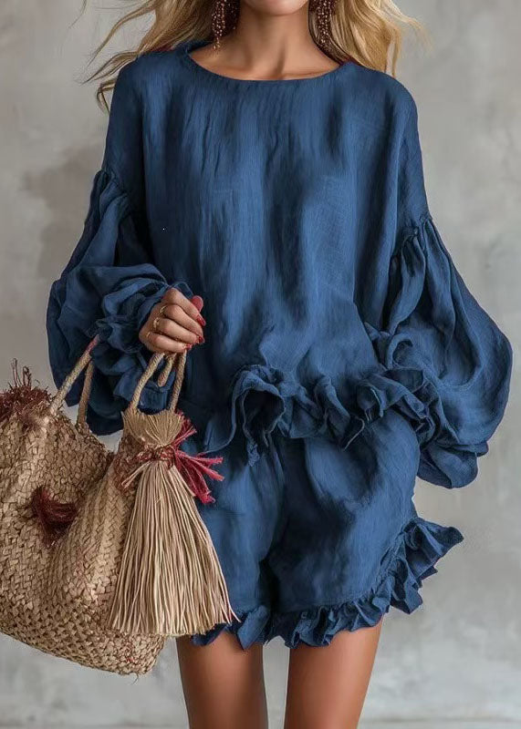 Stylish Blue Ruffled Cotton Two Pieces Set Lantern Sleeve