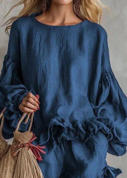 Stylish Blue Ruffled Cotton Two Pieces Set Lantern Sleeve