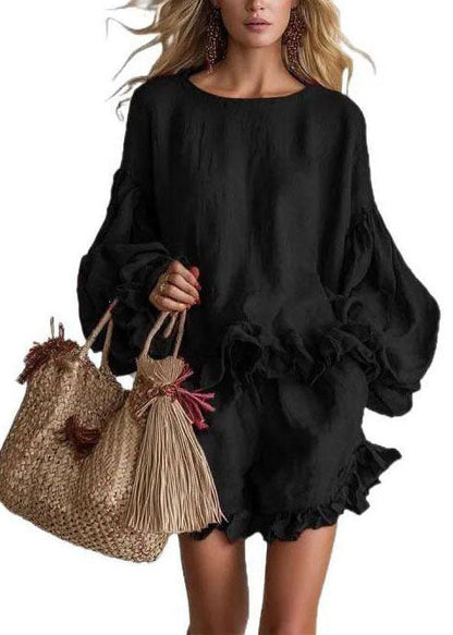 Stylish Blue Ruffled Cotton Two Pieces Set Lantern Sleeve