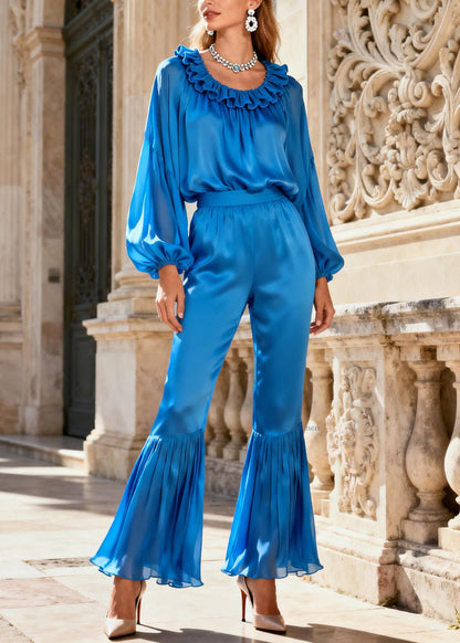 Stylish Blue Ruffled Tops And Flare Bottoms Silk Two Pieces Set Spring