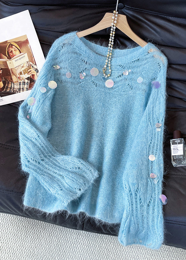 Stylish Blue Sequins Hollow Out Knit Sweater Fall