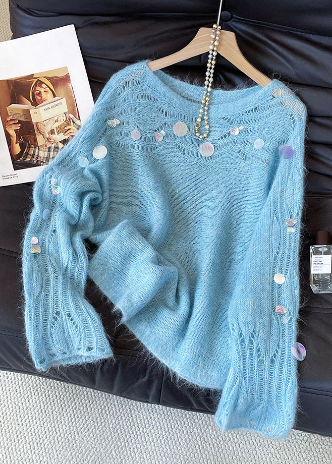 Stylish Blue Sequins Hollow Out Knit Sweater Fall