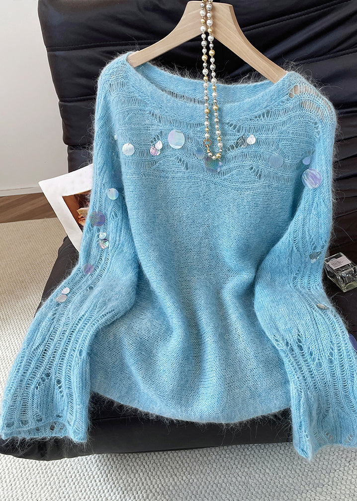 Stylish Blue Sequins Hollow Out Knit Sweater Fall