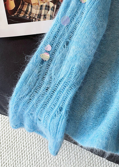 Stylish Blue Sequins Hollow Out Knit Sweater Fall