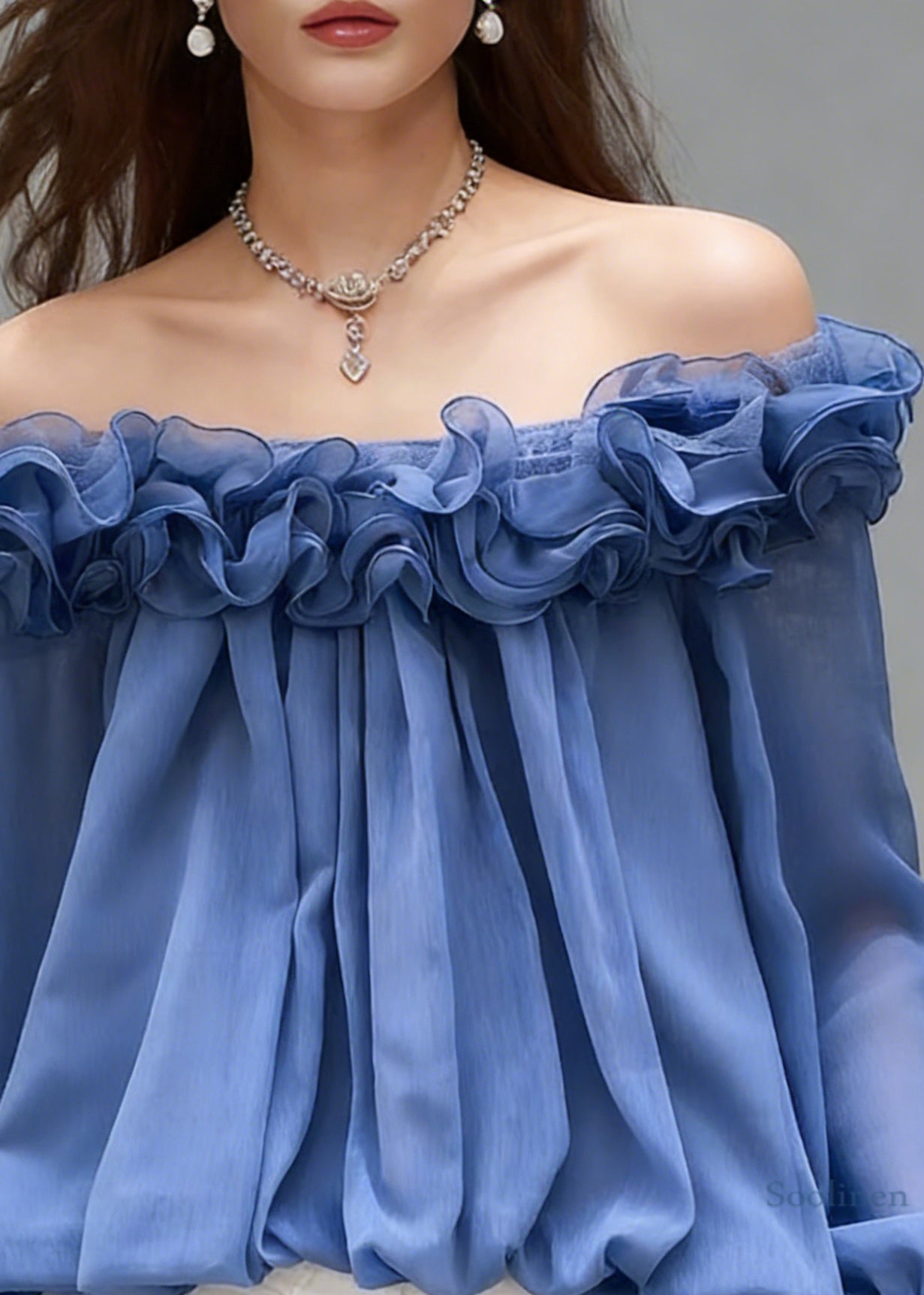 Stylish Blue Slash Neck Ruffled Chiffon Shirts Spring