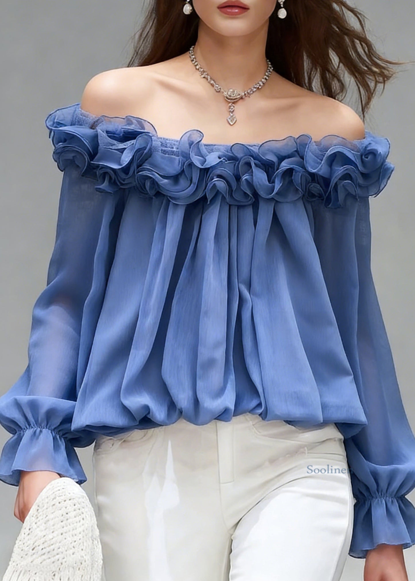 Stylish Blue Slash Neck Ruffled Chiffon Shirts Spring