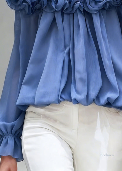 Stylish Blue Slash Neck Ruffled Chiffon Shirts Spring