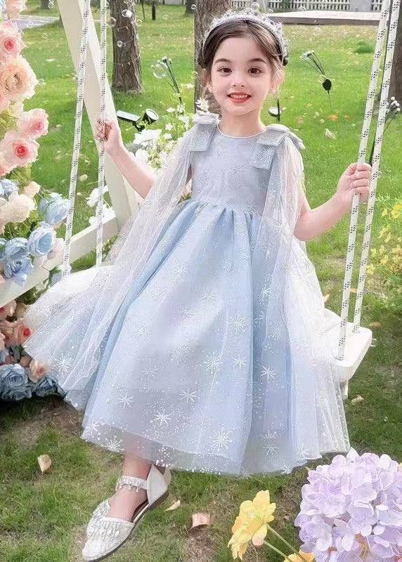 Stylish Blue Snowflake Embroideried Tulle Kids Girls Dress Summer