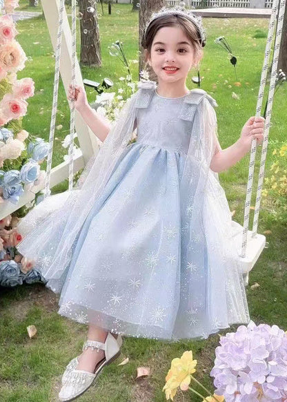 Stylish Blue Snowflake Embroideried Tulle Kids Girls Dress Summer