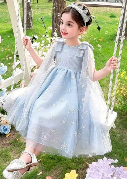Stylish Blue Snowflake Embroideried Tulle Kids Girls Dress Summer