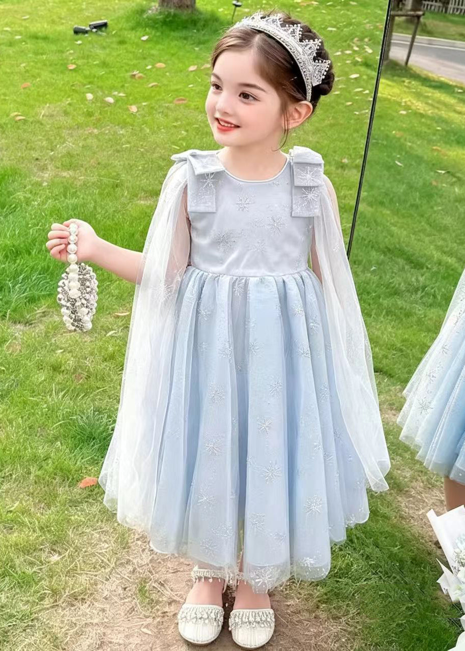 Stylish Blue Snowflake Embroideried Tulle Kids Girls Dress Summer