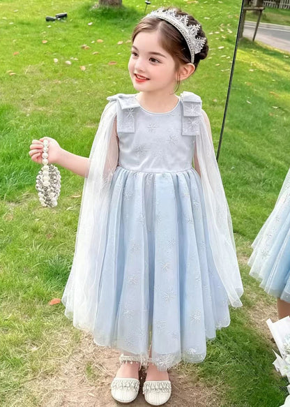 Stylish Blue Snowflake Embroideried Tulle Kids Girls Dress Summer