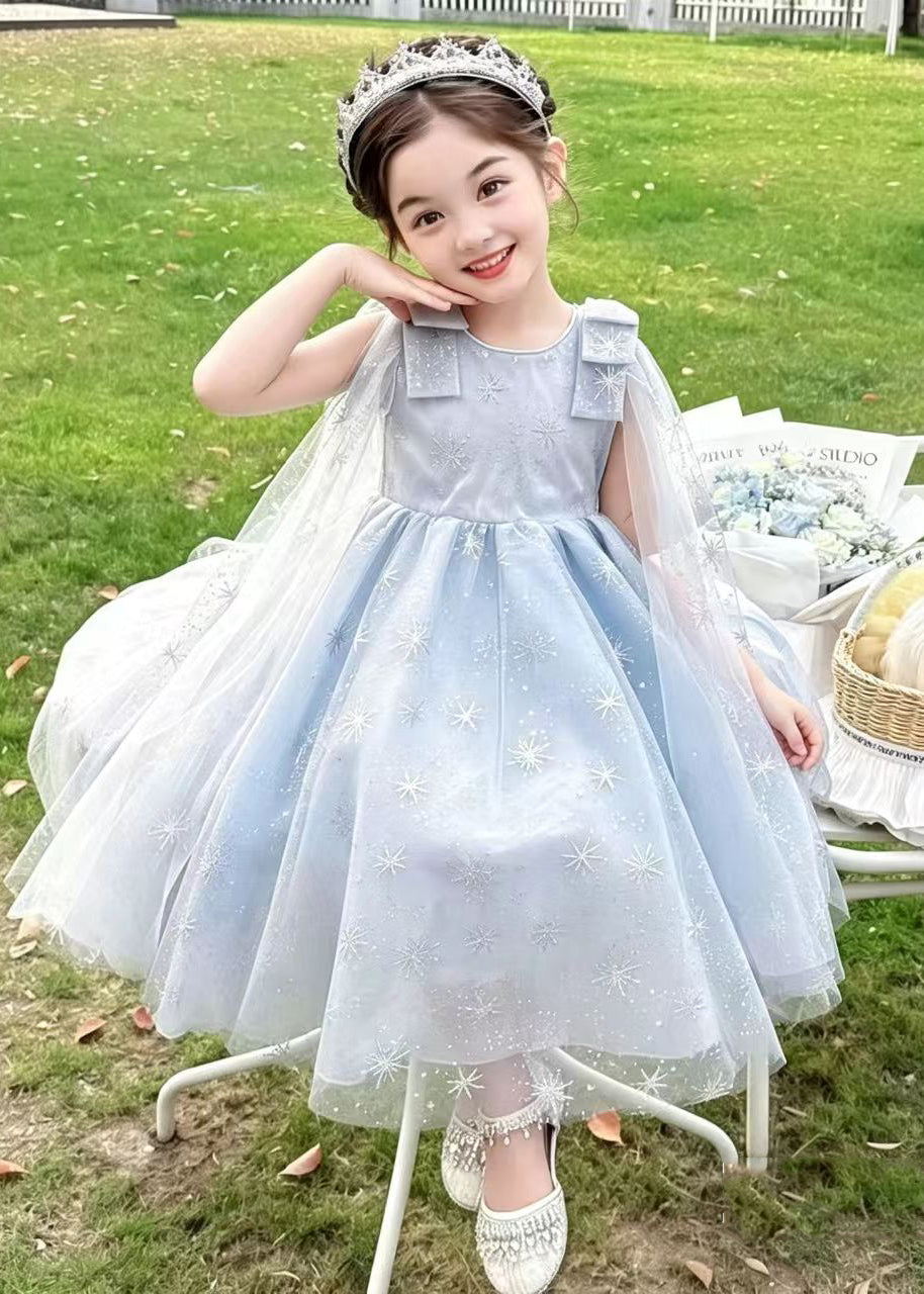 Stylish Blue Snowflake Embroideried Tulle Kids Girls Dress Summer