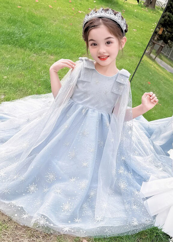 Stylish Blue Snowflake Embroideried Tulle Kids Girls Dress Summer