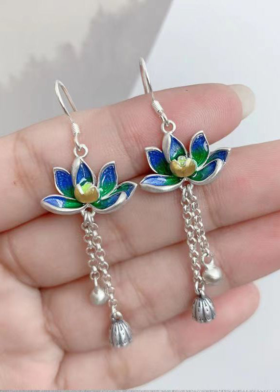 Stilvolle blaue Steling Silber Emaille Lotus Quaste Tropfen Ohrringe