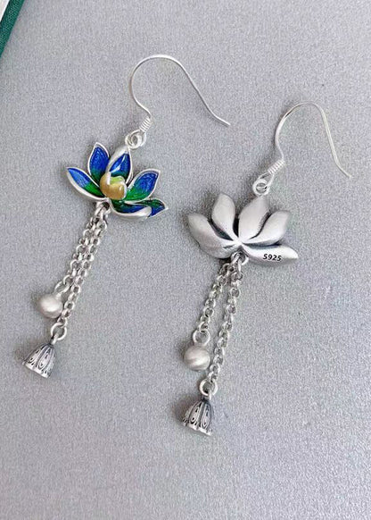 Stilvolle blaue Steling Silber Emaille Lotus Quaste Tropfen Ohrringe