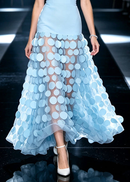 Stylish Blue Strapless Patchwork Tulle Holiday Dress Summer