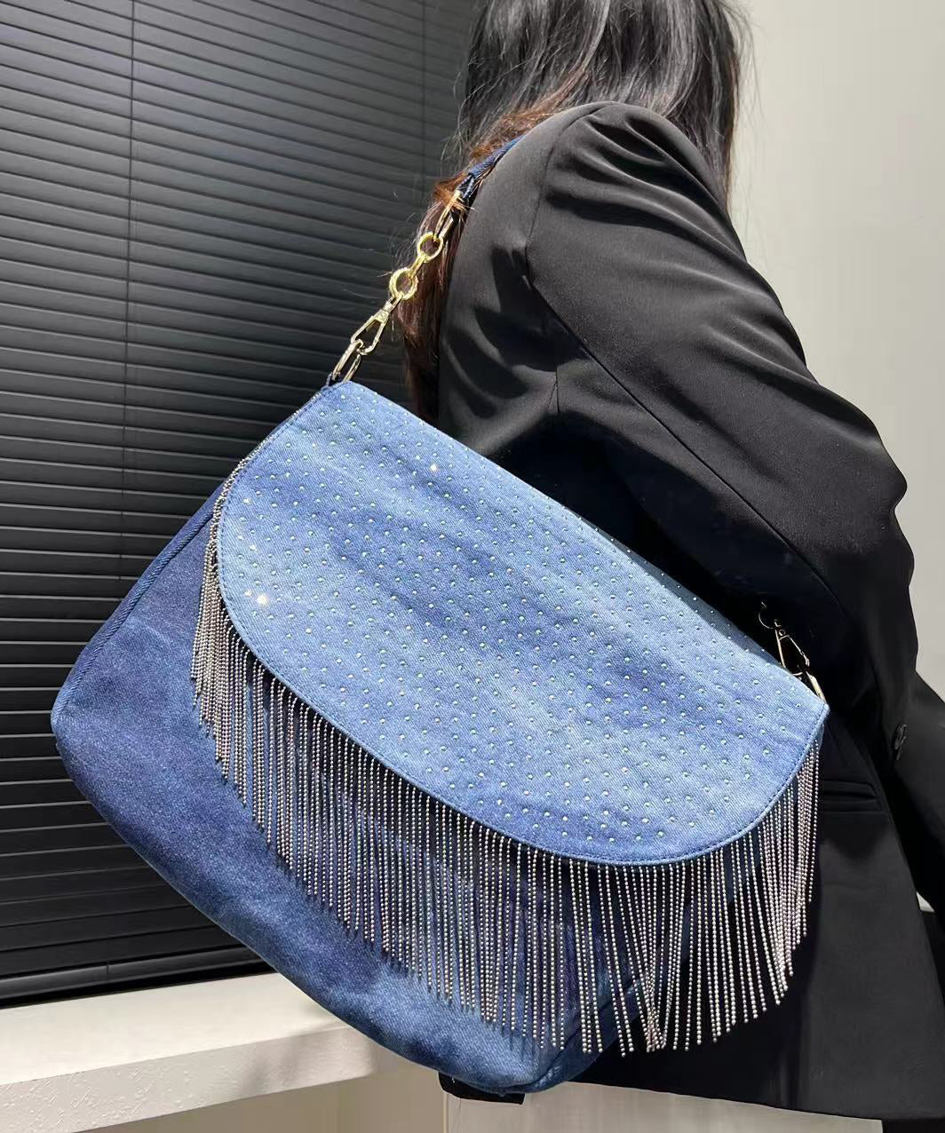 Stylish Blue Tassel Zircon Denim Shoulder Bags
