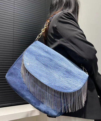 Stylish Blue Tassel Zircon Denim Shoulder Bags