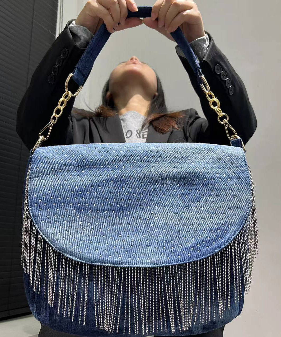 Stylish Blue Tassel Zircon Denim Shoulder Bags